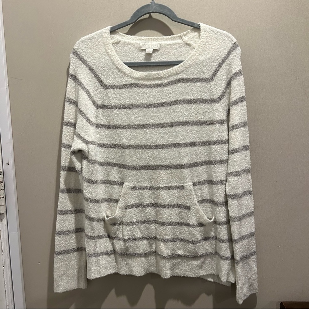 Barefoot Dreams Gray White CozyChic Lite Striped Raglan Pullover Size Medium